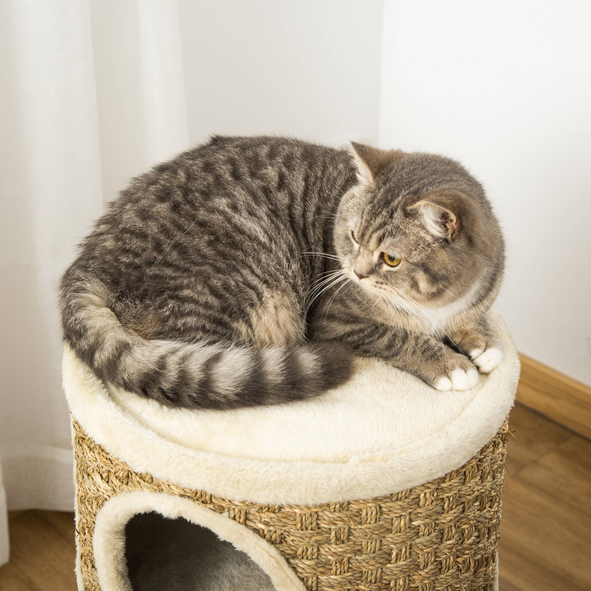 Pawhut - Arbre à chat cylindrique - tour à griffer pour chat - arbre à chat tour - Tonneau griffoir - 3 niches + plateforme - sisal corde d'algues beige - Imagen 8