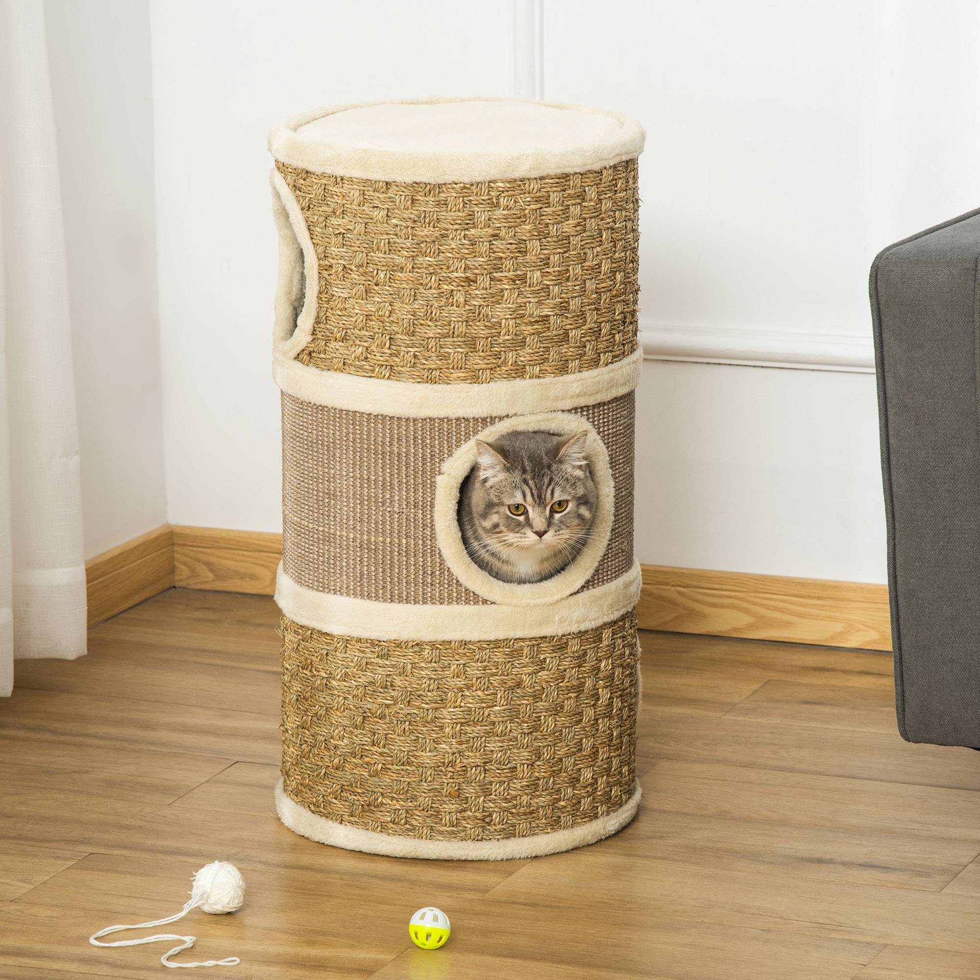 Pawhut - Arbre à chat cylindrique - tour à griffer pour chat - arbre à chat tour - Tonneau griffoir - 3 niches + plateforme - sisal corde d'algues beige - Imagen 2