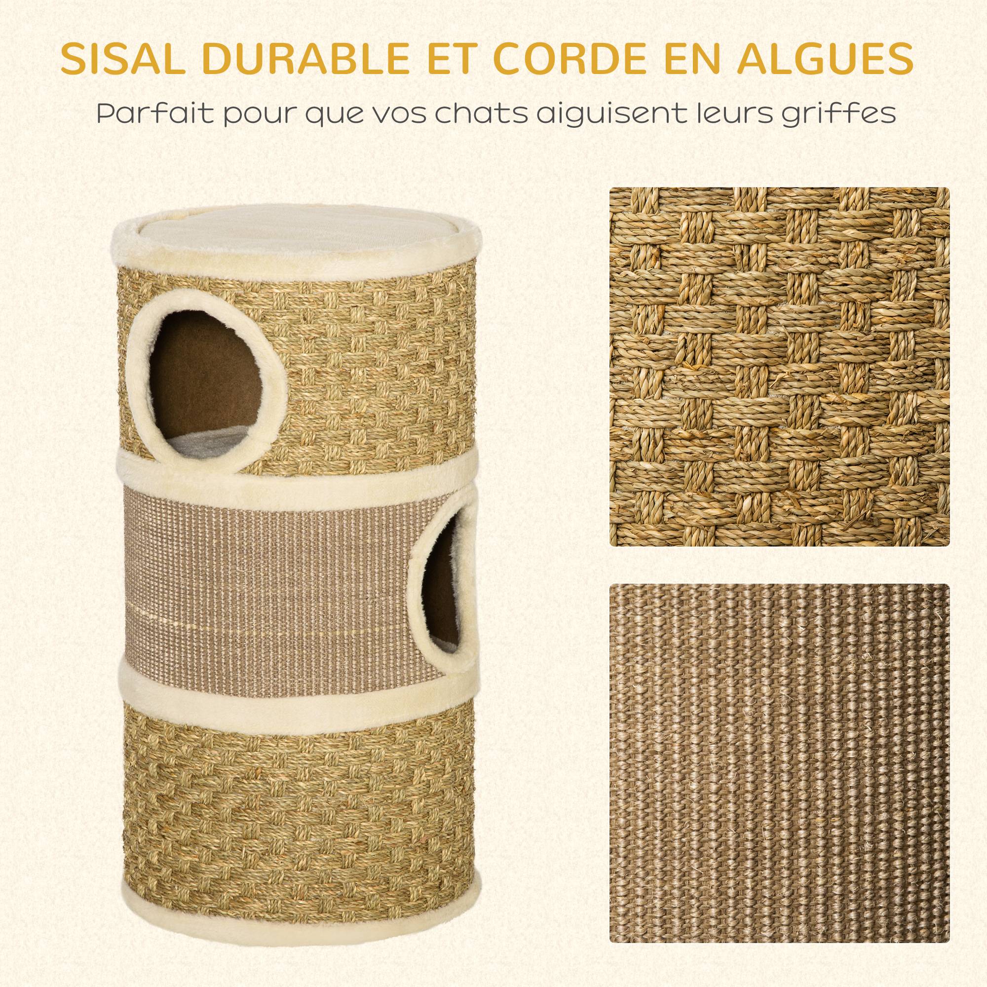 Pawhut - Arbre à chat cylindrique - tour à griffer pour chat - arbre à chat tour - Tonneau griffoir - 3 niches + plateforme - sisal corde d'algues beige - Imagen 6