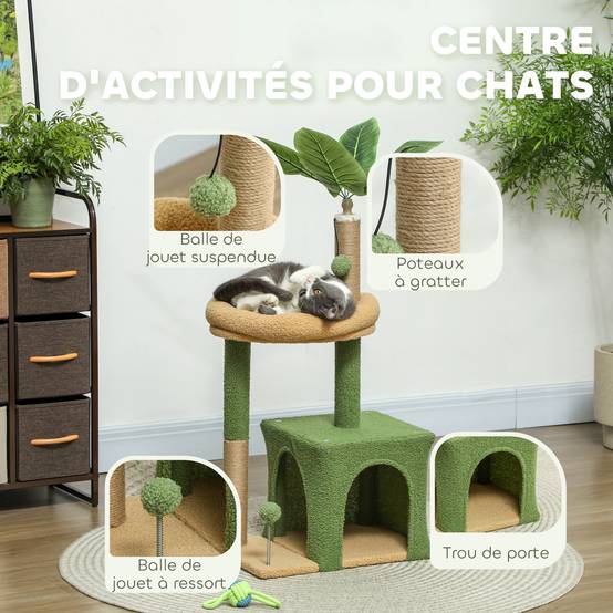 Arbre à Chat Design Nature en Bois et Jute pour Petit Chat avec Niche Griffoirs et Jouets 98 cm Vert - ComfortXL Outdoor Living - Image 8