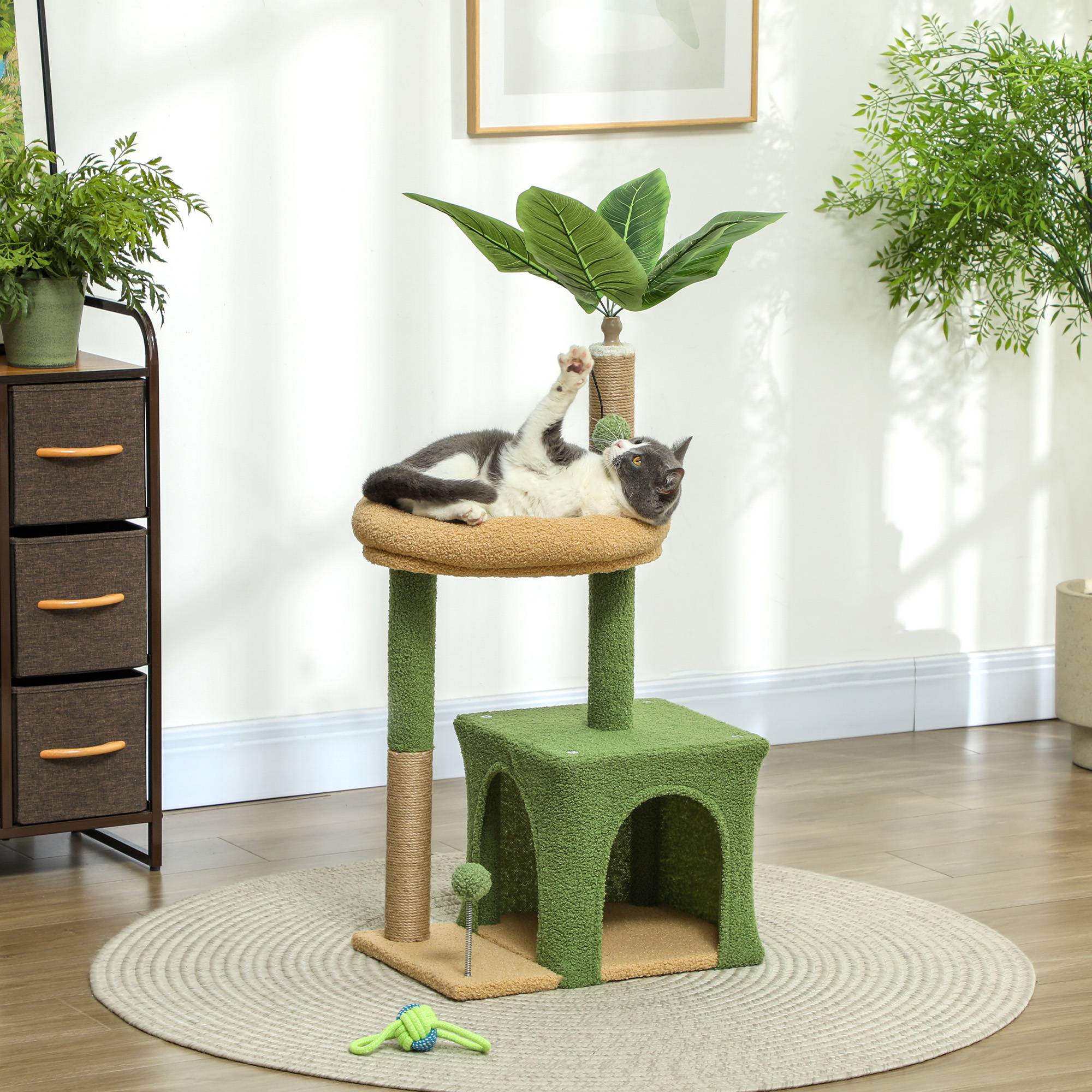 Arbre à Chat Design Nature en Bois et Jute pour Petit Chat avec Niche Griffoirs et Jouets 98 cm Vert - ComfortXL Outdoor Living - Image 3