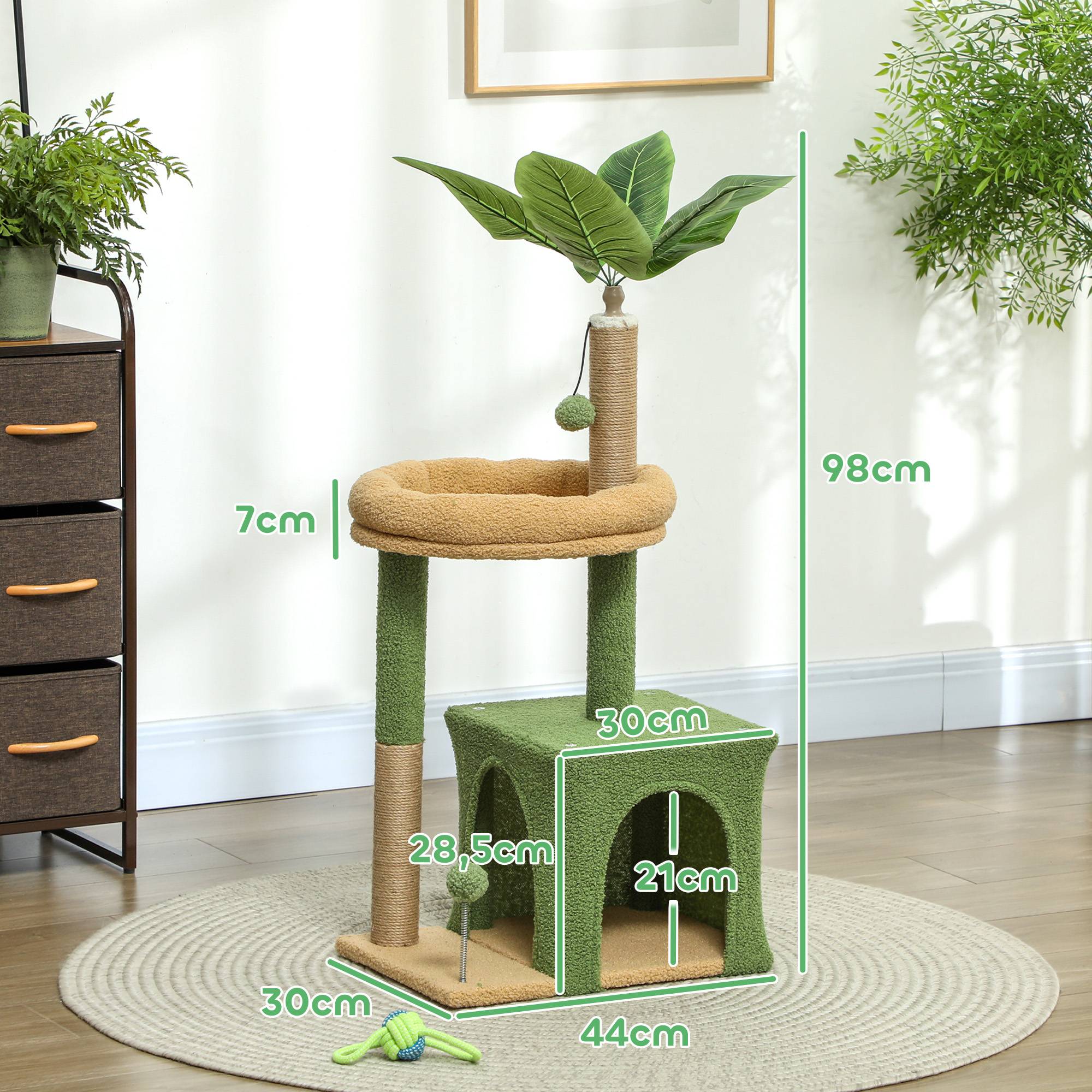 Arbre à Chat Design Nature en Bois et Jute pour Petit Chat avec Niche Griffoirs et Jouets 98 cm Vert - ComfortXL Outdoor Living - Image 5