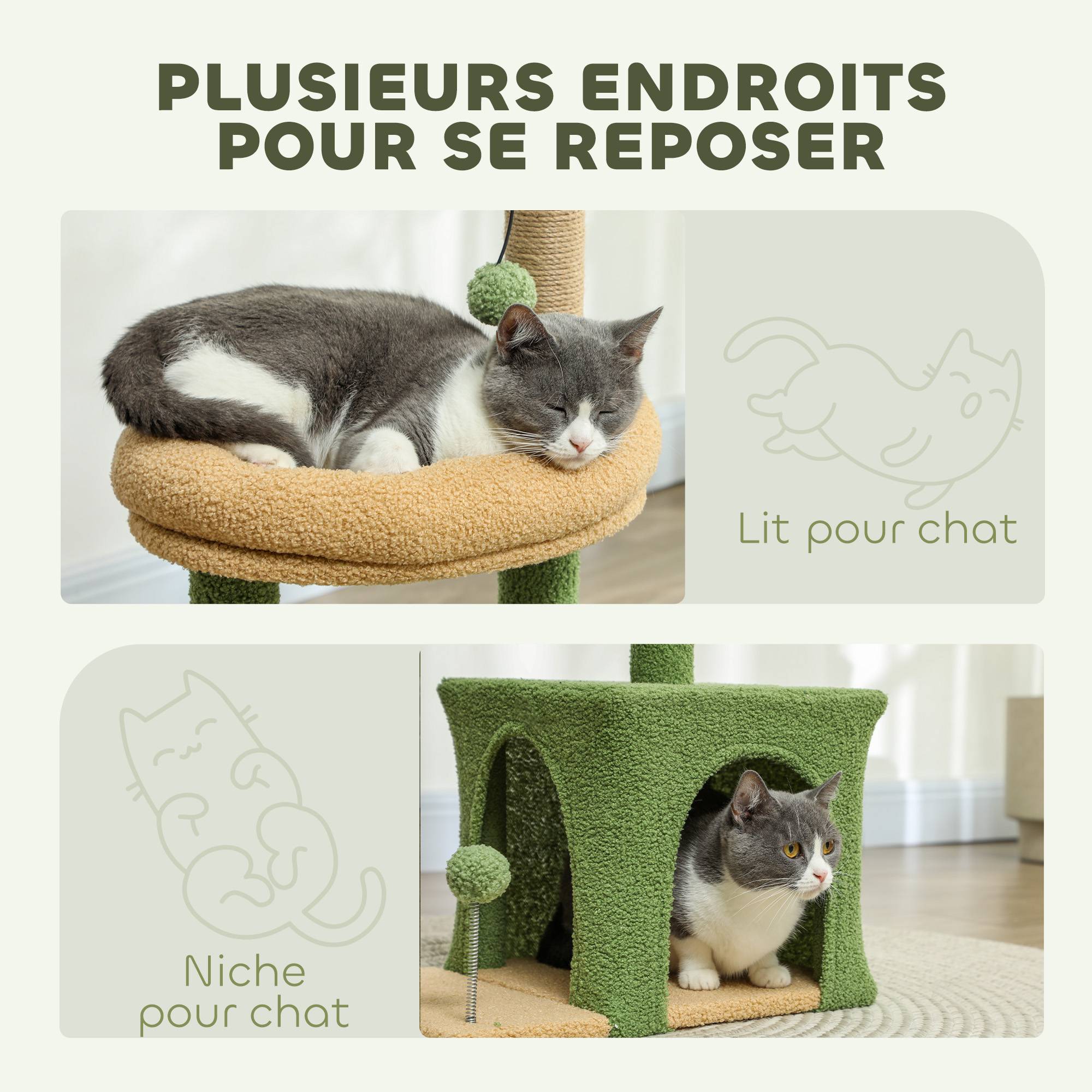 Arbre à Chat Design Nature en Bois et Jute pour Petit Chat avec Niche Griffoirs et Jouets 98 cm Vert - ComfortXL Outdoor Living - Image 7