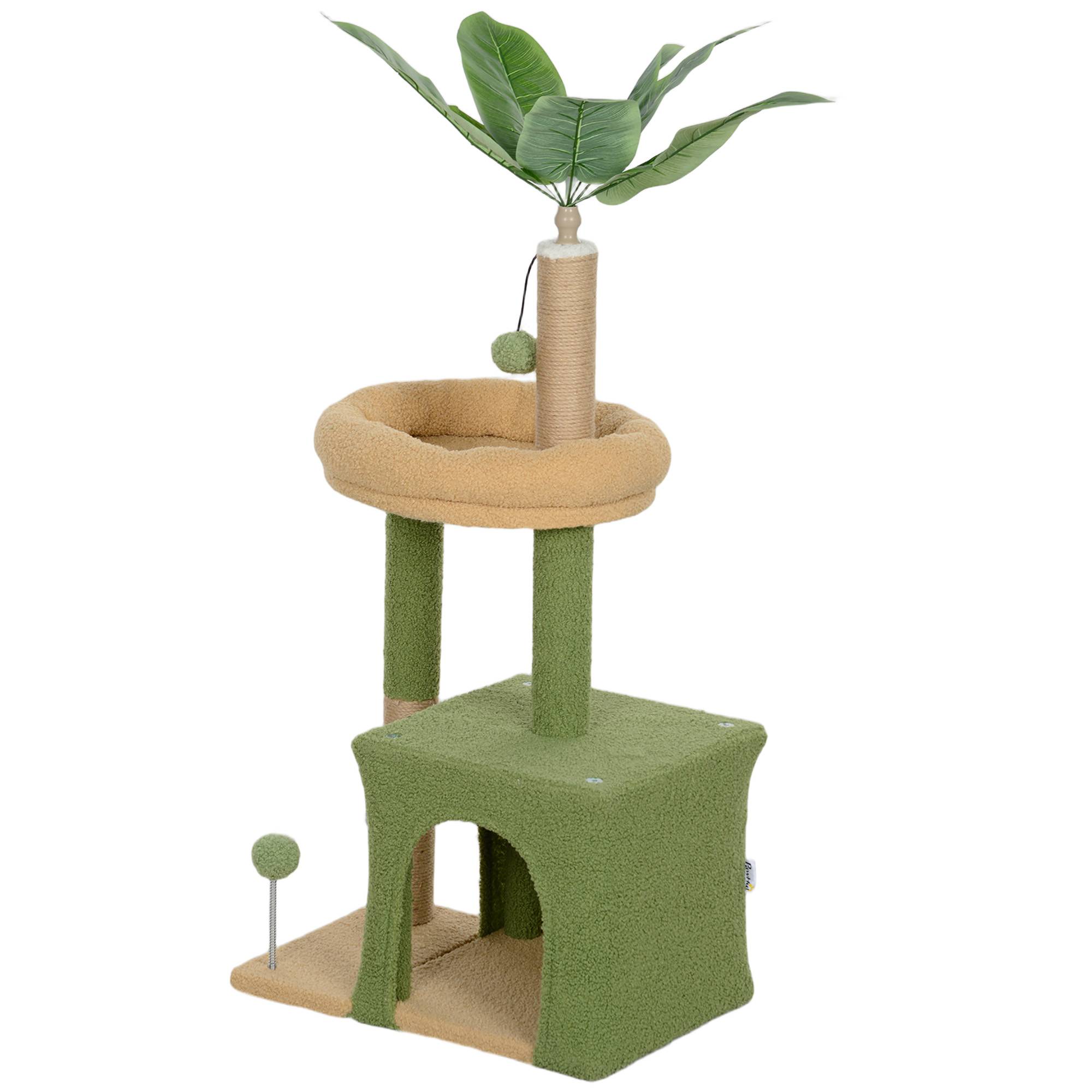 Arbre à Chat Design Nature en Bois et Jute pour Petit Chat avec Niche Griffoirs et Jouets 98 cm Vert - ComfortXL Outdoor Living - Image 2
