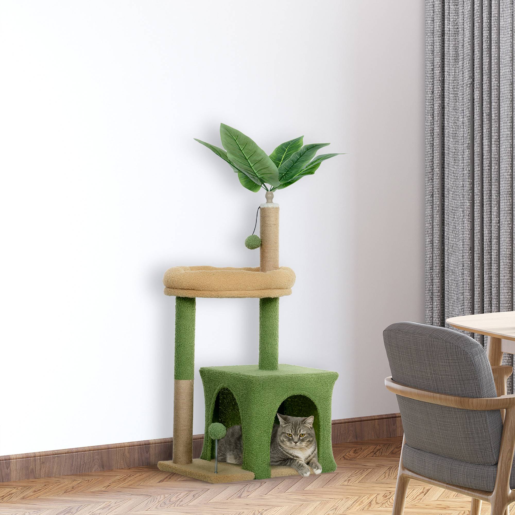 Arbre à Chat Design Nature en Bois et Jute pour Petit Chat avec Niche Griffoirs et Jouets 98 cm Vert - ComfortXL Outdoor Living - Image 4