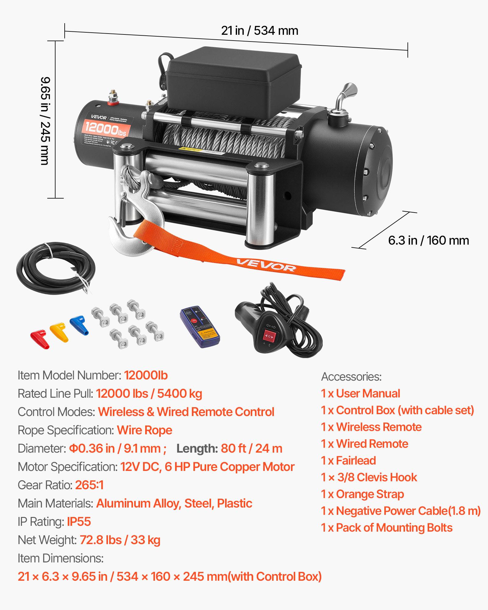 Vevor - VEVOR Treuil électrique 12 V 5 400 kg, câble acier 9,1 mm x 24 m, télécommandes filaire et sans fil, IP55, pour SUV, pick-up et tout-terrain - Image 6