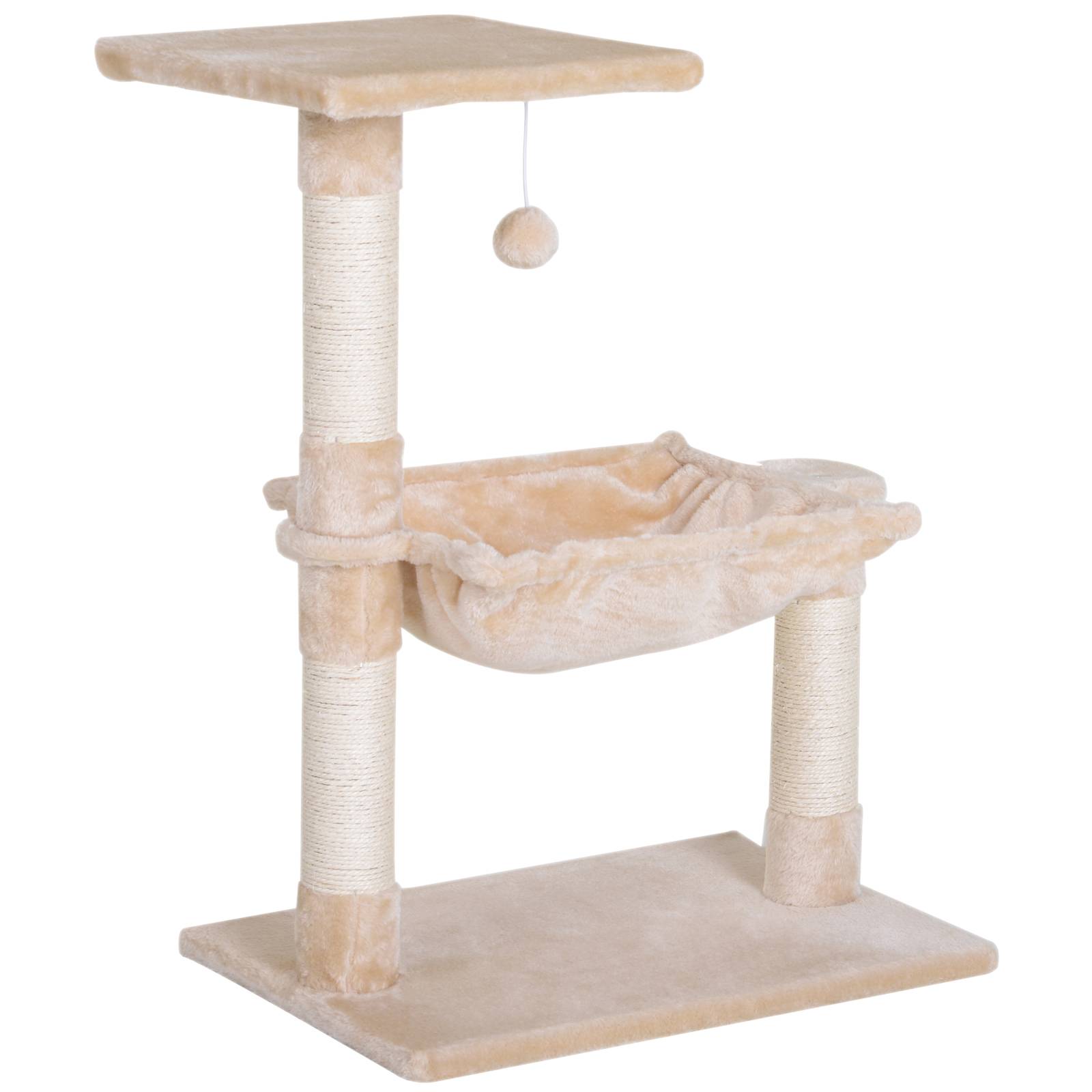 Pawhut - Arbre à chat 3 griffoirs grattoirs sisal naturel plateforme hamac et boule suspendue dim. 50L x 36l x 70H cm peluche haute densité 220 g/m² beige - Imagen 1