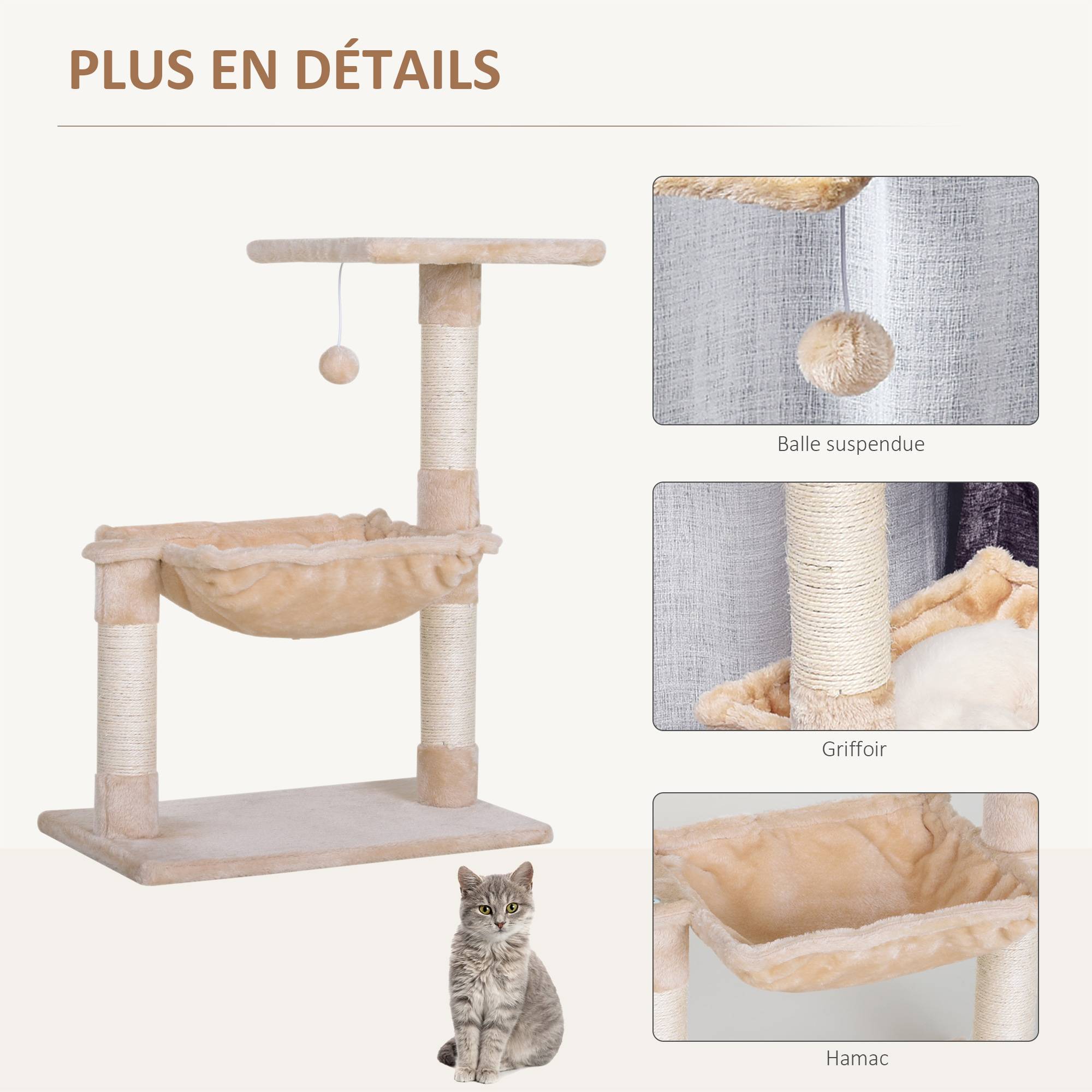 Pawhut - Arbre à chat 3 griffoirs grattoirs sisal naturel plateforme hamac et boule suspendue dim. 50L x 36l x 70H cm peluche haute densité 220 g/m² beige - Imagen 5