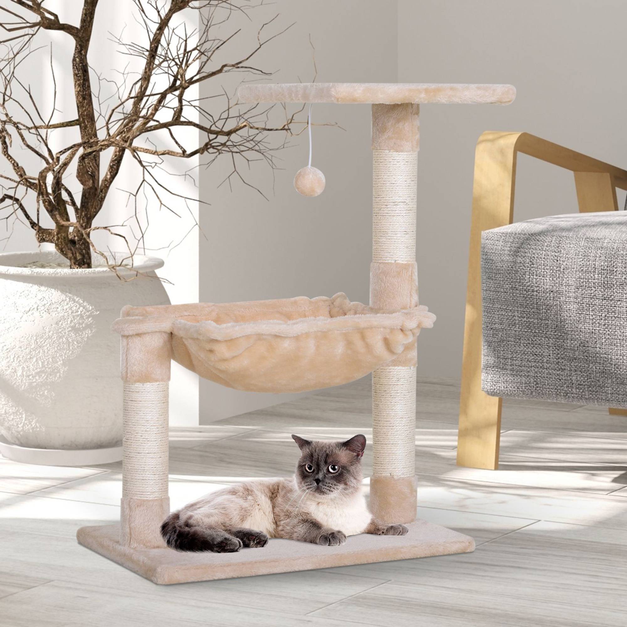 Pawhut - Arbre à chat 3 griffoirs grattoirs sisal naturel plateforme hamac et boule suspendue dim. 50L x 36l x 70H cm peluche haute densité 220 g/m² beige - Imagen 2