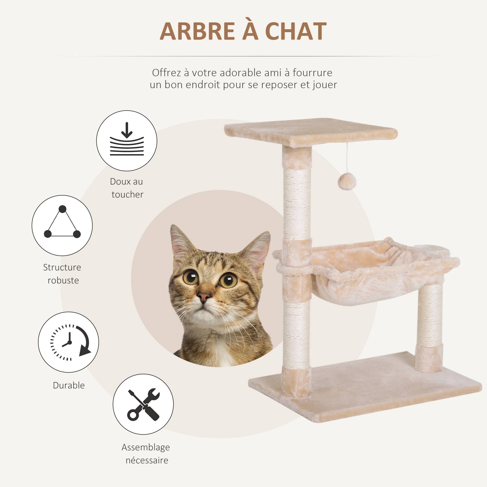 Pawhut - Arbre à chat 3 griffoirs grattoirs sisal naturel plateforme hamac et boule suspendue dim. 50L x 36l x 70H cm peluche haute densité 220 g/m² beige - Imagen 4
