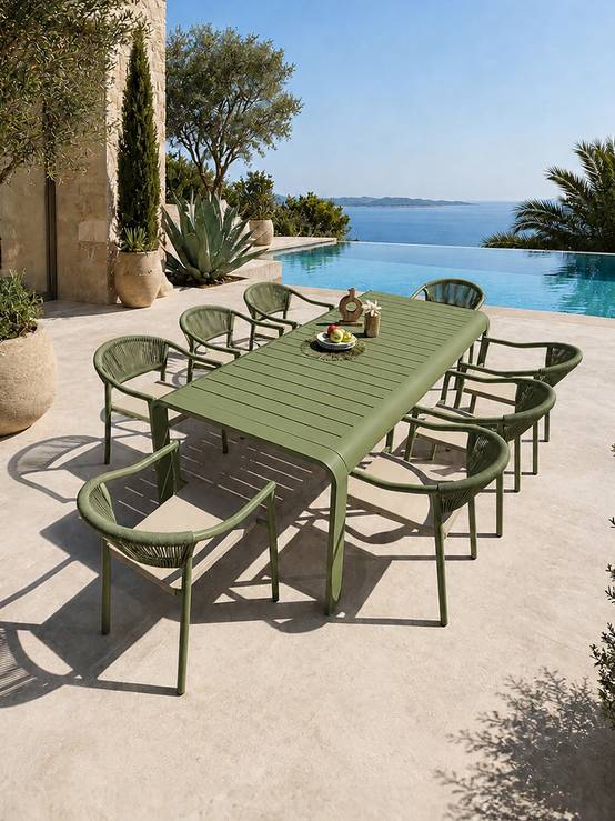 Dcb Garden - Ensemble repas de jardin en aluminium 8 places - Vert olive - HANOI - Image 1