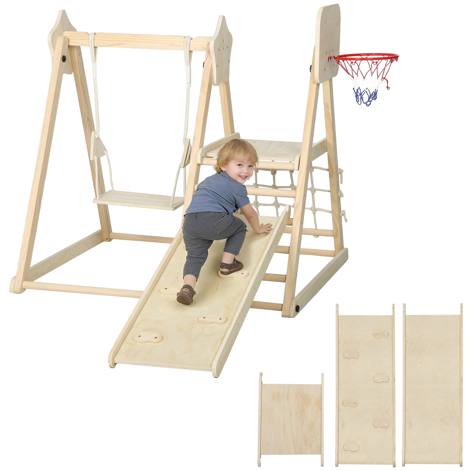 Structure d'escalade d'intérieur 5 en 1 avec toboggan, balançoire, filet d'escalade et panier de basket, pliable, 3-6 ans, bois naturel