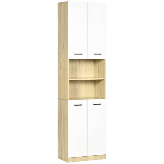 Armoire salle de bain avec 4 portes et étagères réglables, meuble rangement grande capacité blanc chêne 53x33,5x195,7 cm - Image 1