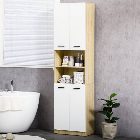 Armoire salle de bain avec 4 portes et étagères réglables, meuble rangement grande capacité blanc chêne 53x33,5x195,7 cm - Image 4