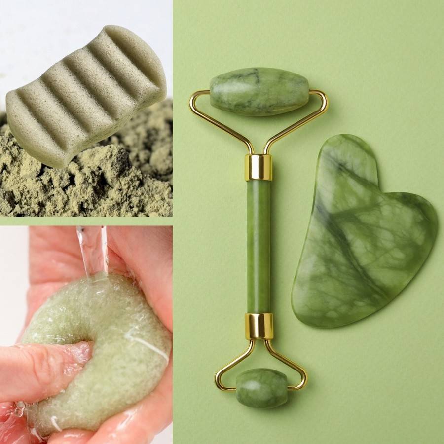 Pack Beauté - Roller Visage + Gua Sha en Pierre Naturelle de Jade Vert + autres produits soin du Visage et du Corps