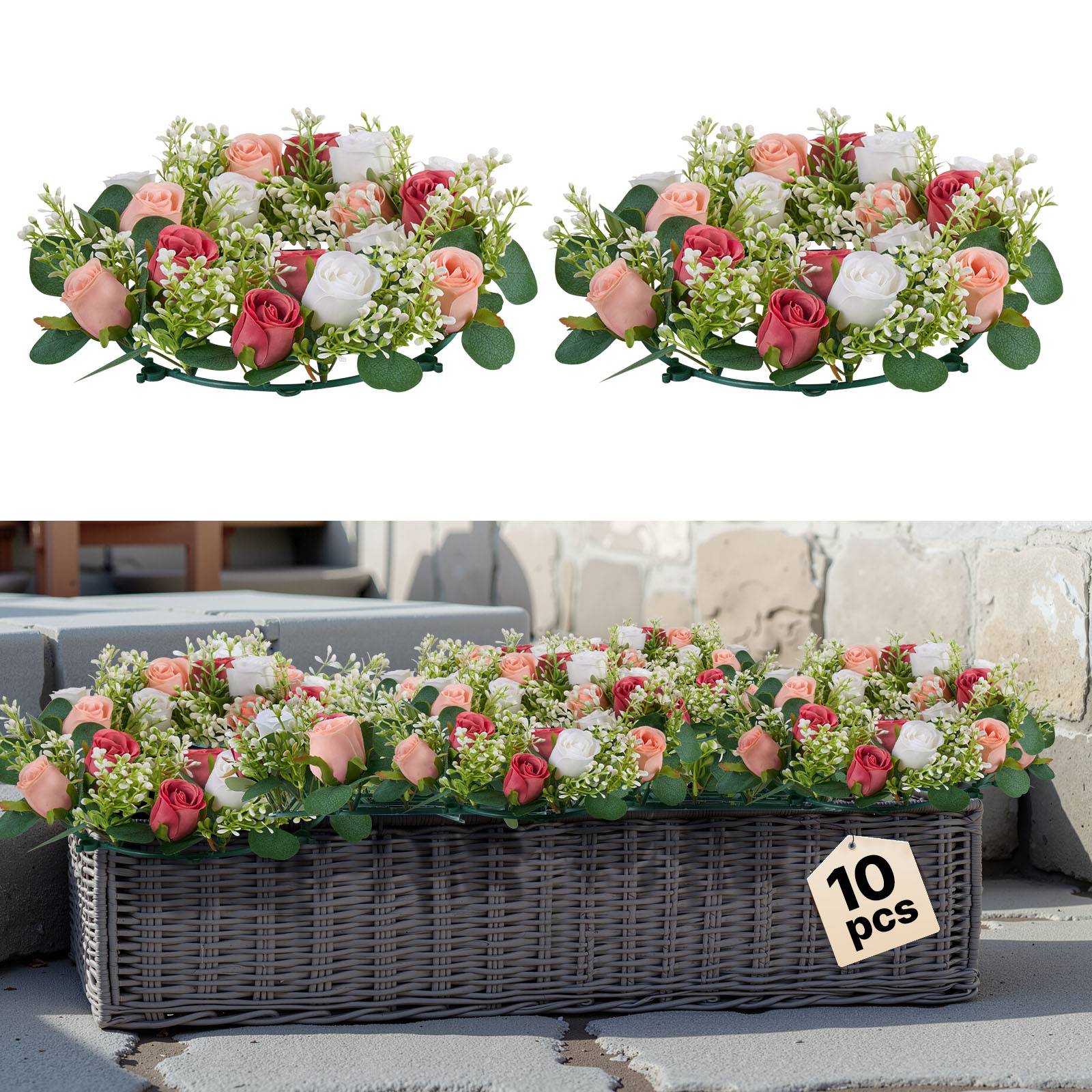 VEVOR Couronne de Roses Artificielles Lot de 10 34 cm Roses en Rose et Blanches