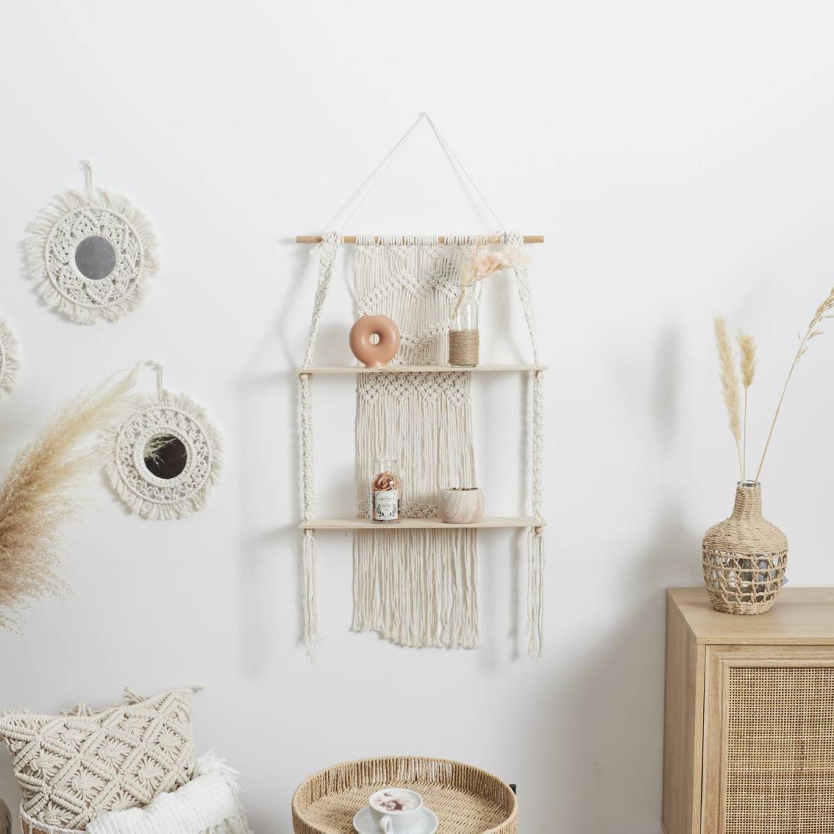 The Home Deco Factory - Étagère Déco 2 Niveaux "Boho" 85cm Beige - Image 4