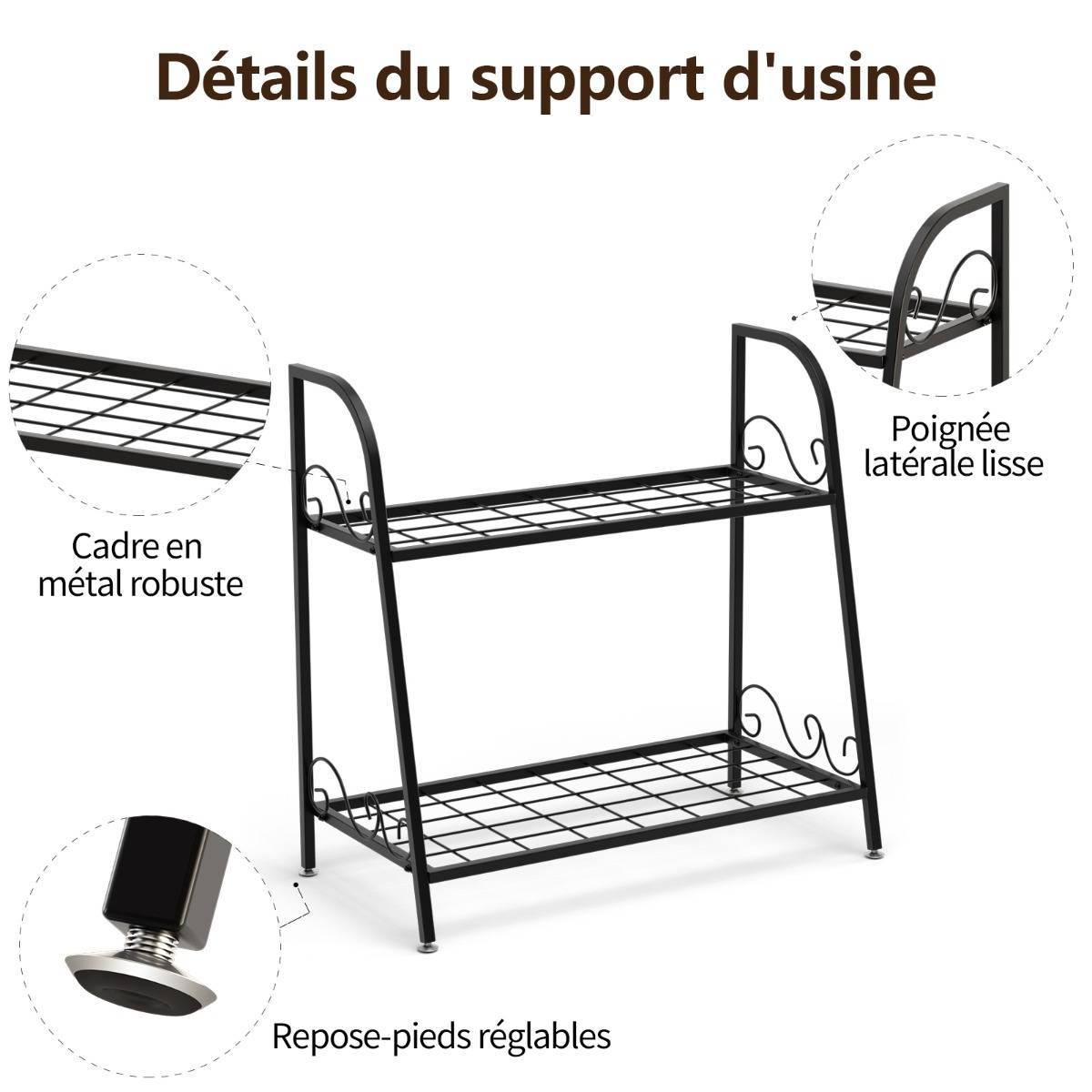 Etagère de Plantes à 2 Etages en Métal en Forme d'Echelle Intérieur/Extérieur avec Pied Réglable pour Jardin Balcon Salon - Image 7