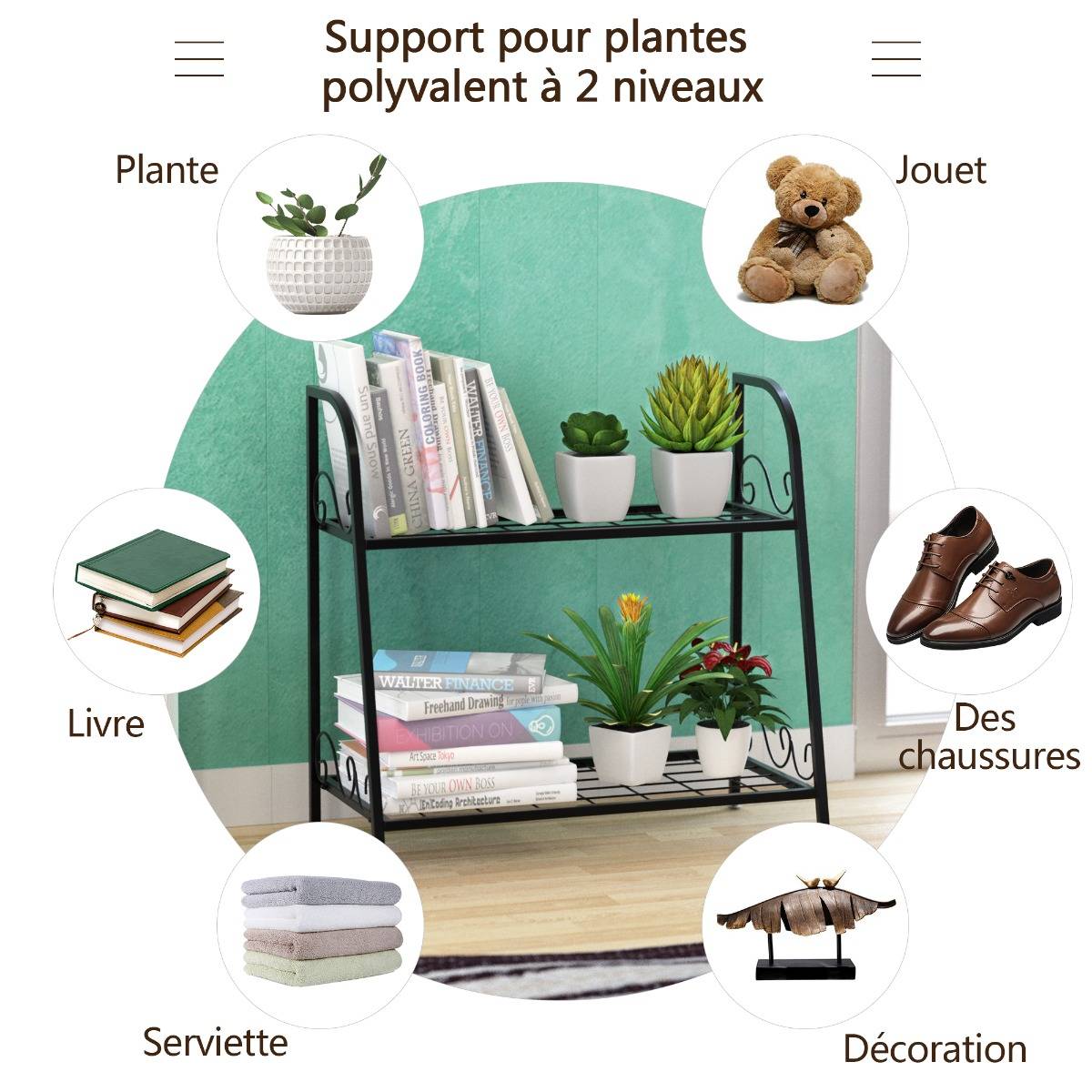 Etagère de Plantes à 2 Etages en Métal en Forme d'Echelle Intérieur/Extérieur avec Pied Réglable pour Jardin Balcon Salon - Image 5