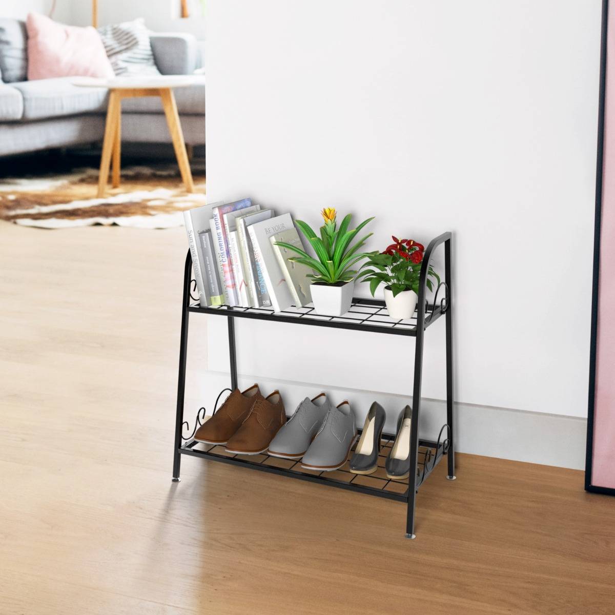 Etagère de Plantes à 2 Etages en Métal en Forme d'Echelle Intérieur/Extérieur avec Pied Réglable pour Jardin Balcon Salon - Image 3