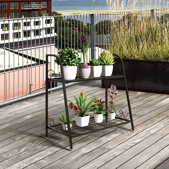 Etagère de Plantes à 2 Etages en Métal en Forme d'Echelle Intérieur/Extérieur avec Pied Réglable pour Jardin Balcon Salon - Image 2