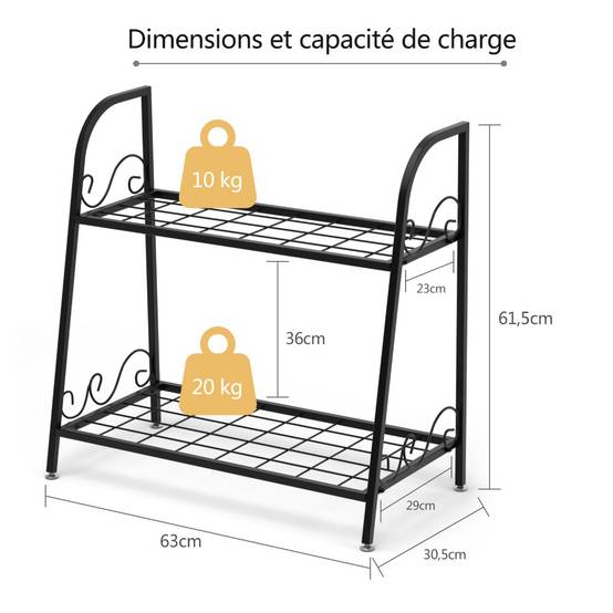 Etagère de Plantes à 2 Etages en Métal en Forme d'Echelle Intérieur/Extérieur avec Pied Réglable pour Jardin Balcon Salon - Image 8