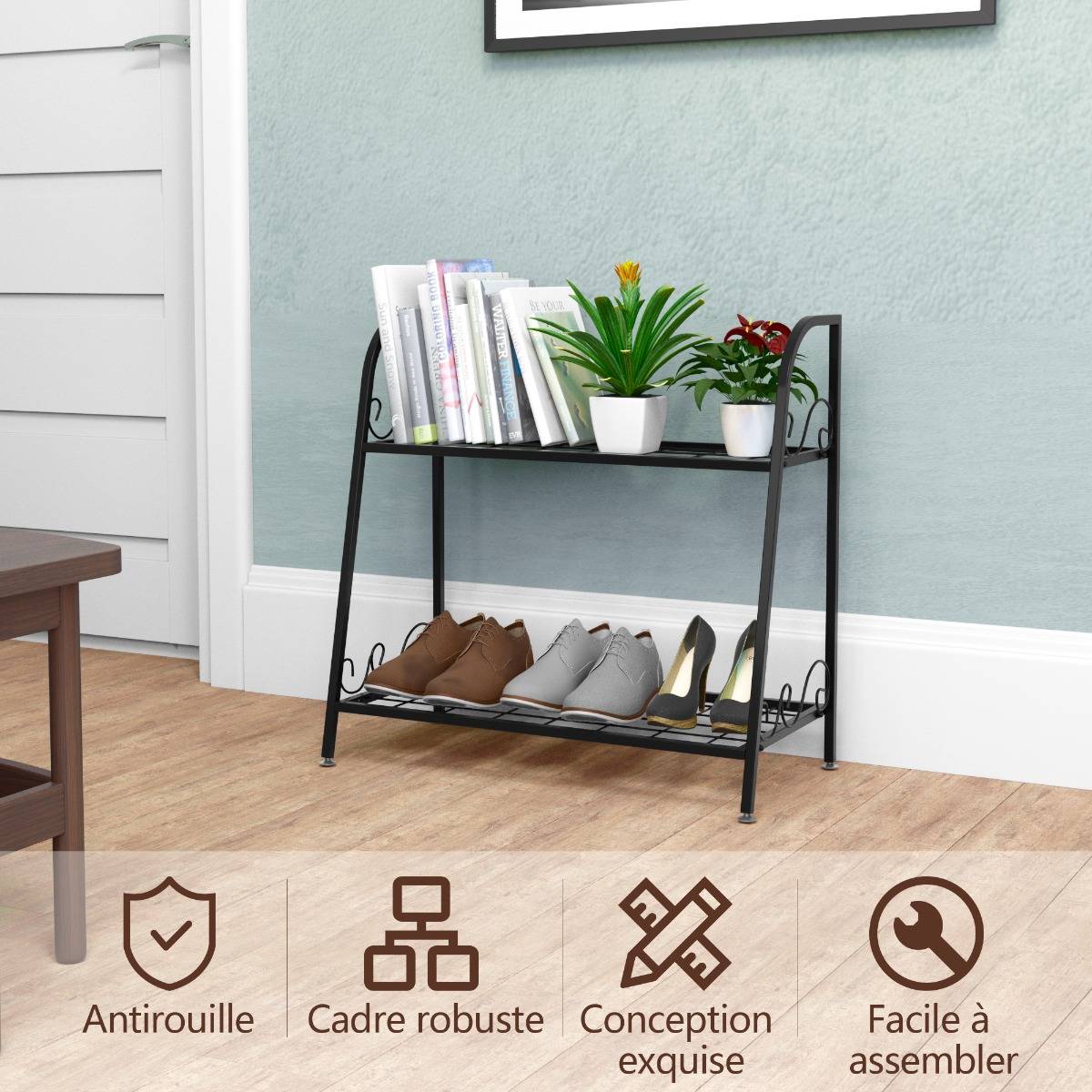 Etagère de Plantes à 2 Etages en Métal en Forme d'Echelle Intérieur/Extérieur avec Pied Réglable pour Jardin Balcon Salon - Image 4