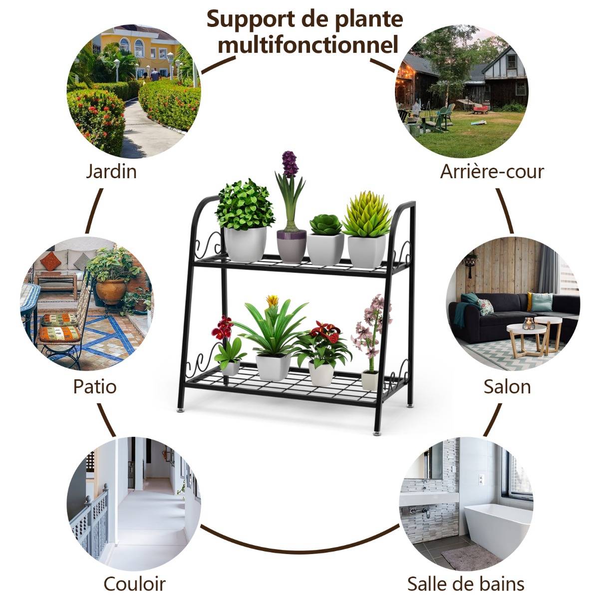 Etagère de Plantes à 2 Etages en Métal en Forme d'Echelle Intérieur/Extérieur avec Pied Réglable pour Jardin Balcon Salon - Image 6
