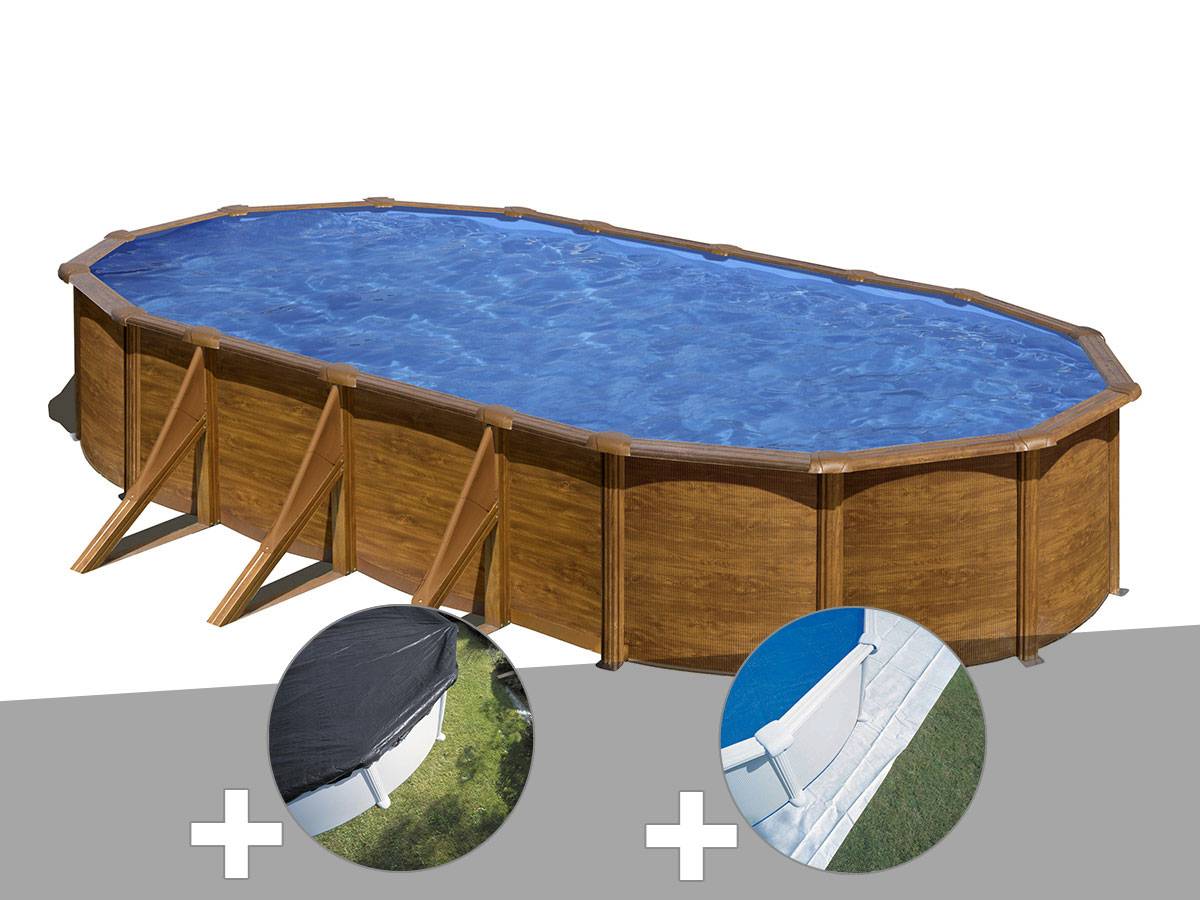 Gré - Kit piscine acier aspect bois Gré Pacific ovale 7,44 x 3,99 x 1,22 m + Bâche d'hivernage + Tapis de sol