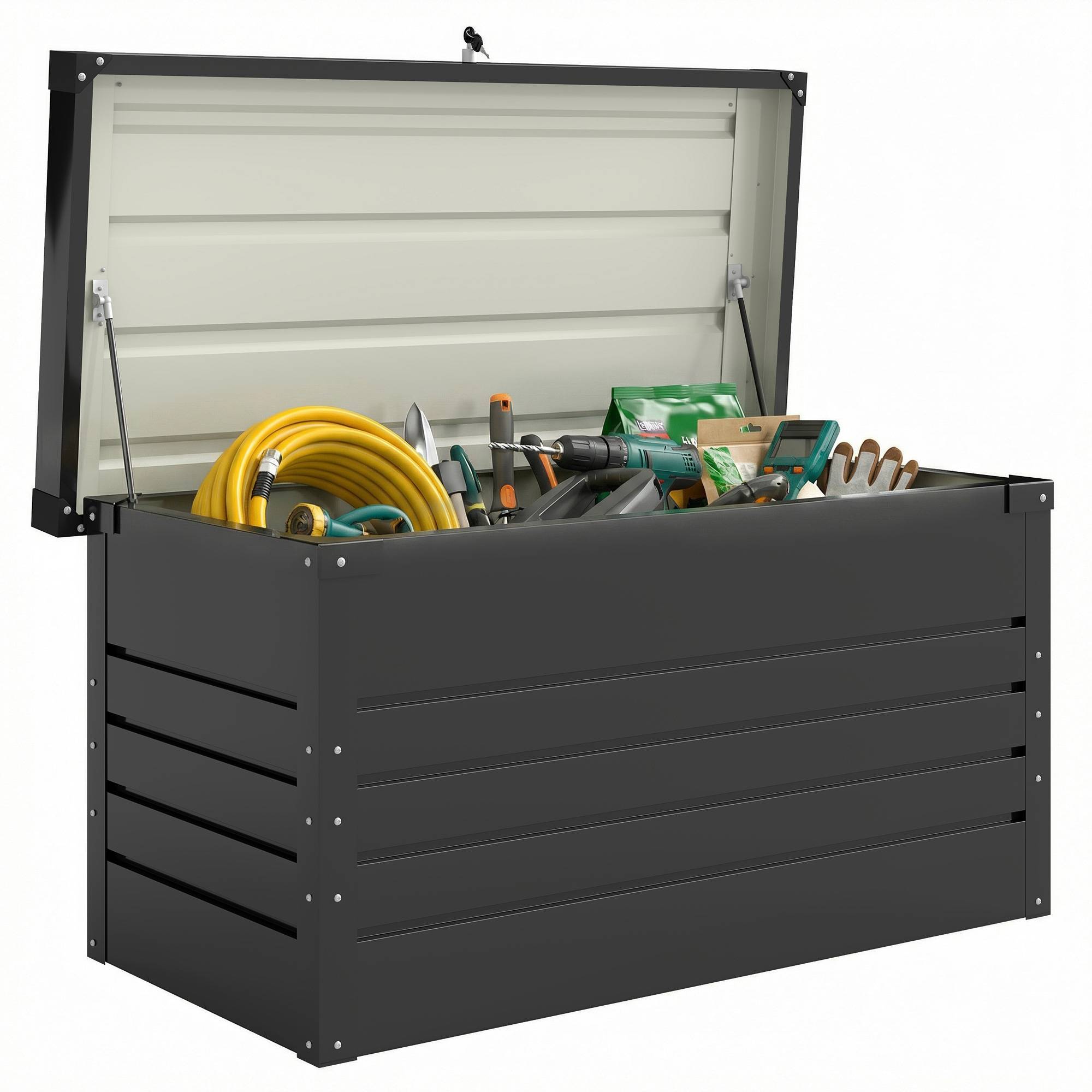 Coffre de rangement métal boîte de jardin 350L double vérins à gaz verrouillable pour coussins outils gris anthracite