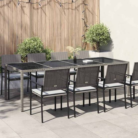 Très Grande Table de Jardin Grise 250x100cm en Poly Rotin, Plateau en Verre Trempé, pour 10 Personnes – ComfortXL Outdoor Living - Image 1