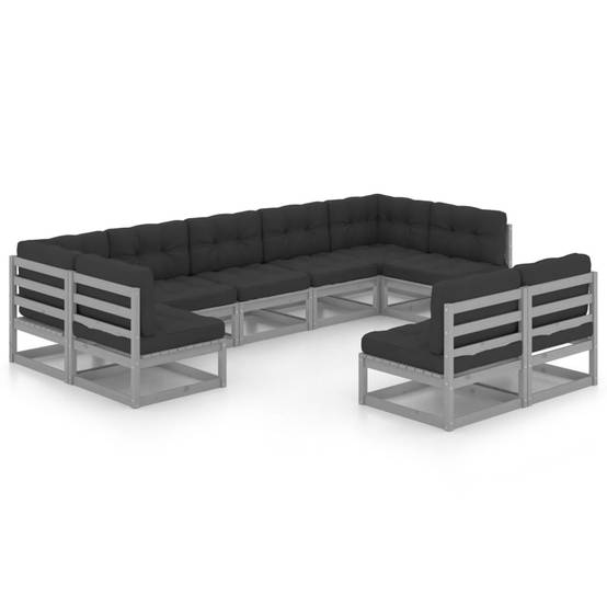 Helloshop26 - Salon de jardin meuble d'extérieur ensemble de mobilier 9 pièces avec coussins gris bois de pin massif - Imagen 1