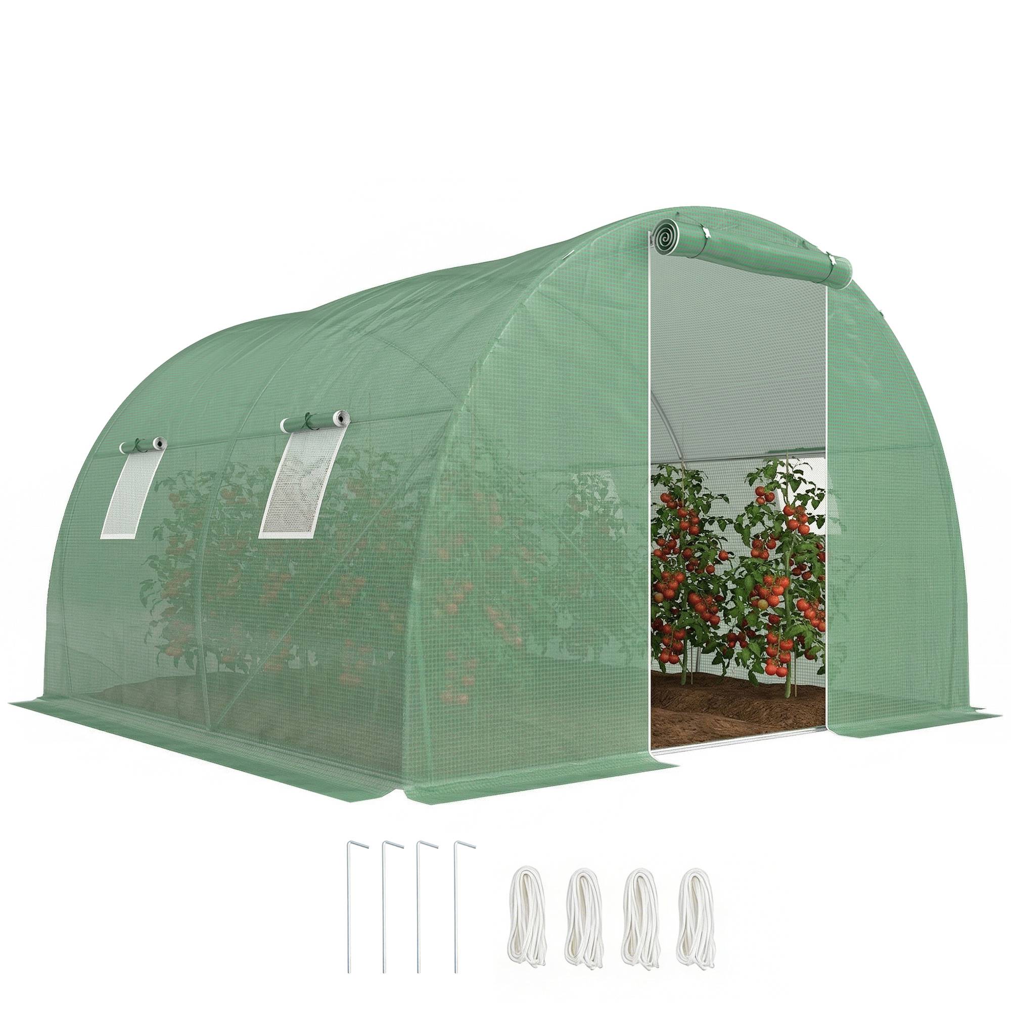 Serre tunnel de 3 x 3 x 2 m avec porte enroulable, 4 fenêtres grillagées et structure en acier galvanisé vert - Image 1