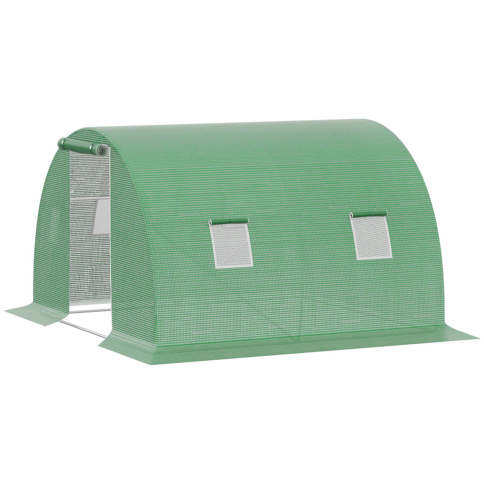 Serre tunnel de 3 x 3 x 2 m avec porte enroulable, 4 fenêtres grillagées et structure en acier galvanisé vert - Image 2