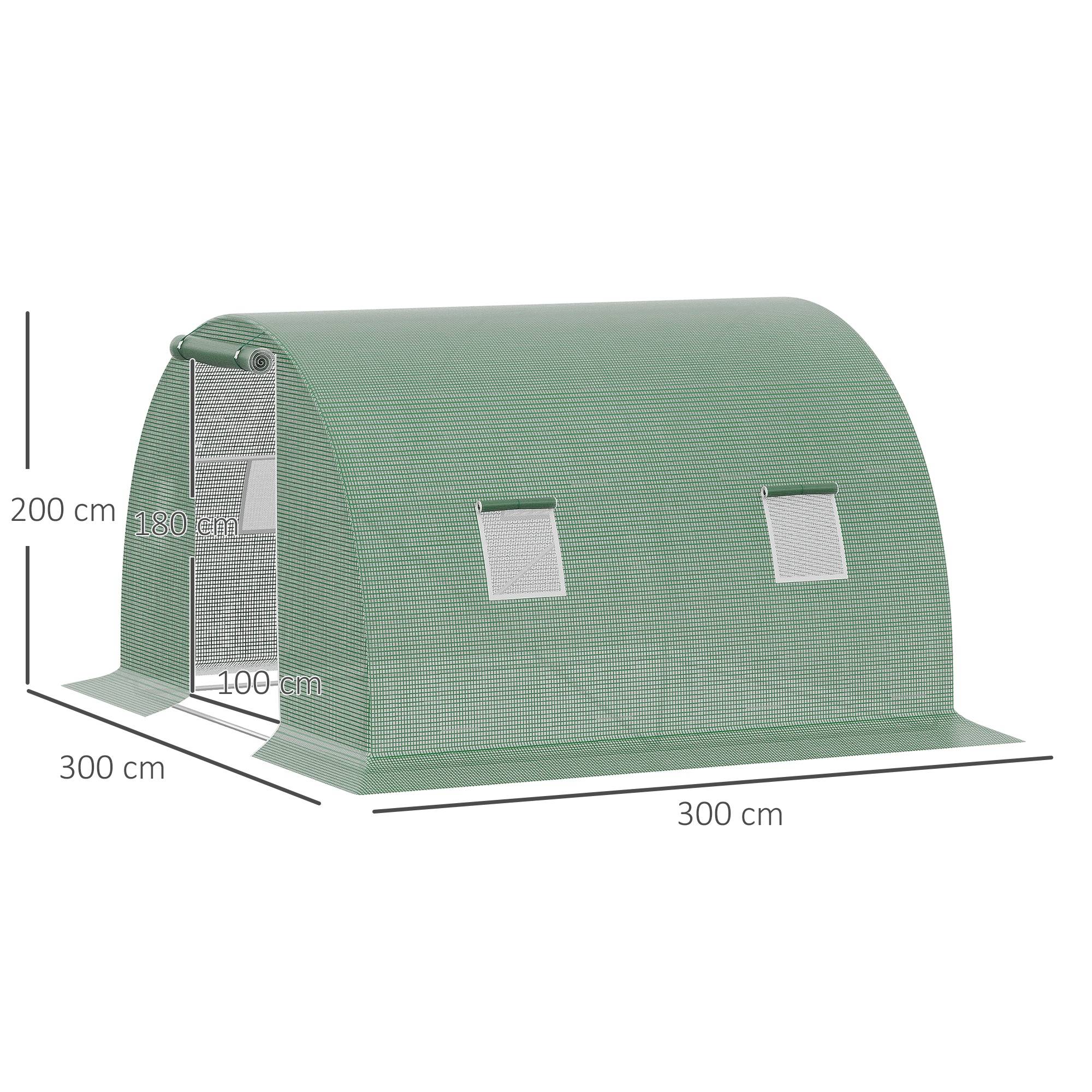 Serre tunnel de 3 x 3 x 2 m avec porte enroulable, 4 fenêtres grillagées et structure en acier galvanisé vert - Image 5