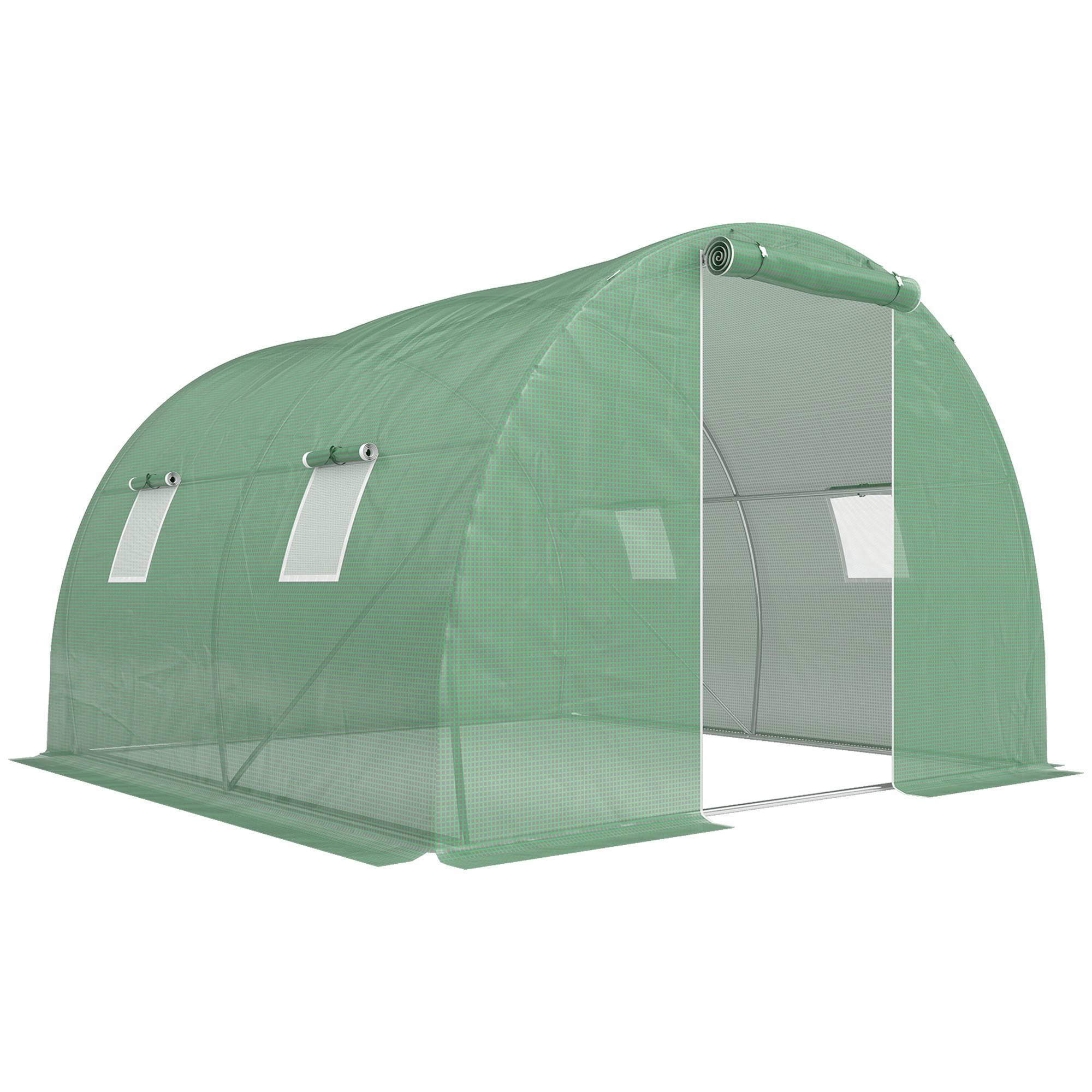Serre tunnel de 3 x 3 x 2 m avec porte enroulable, 4 fenêtres grillagées et structure en acier galvanisé vert - Image 8