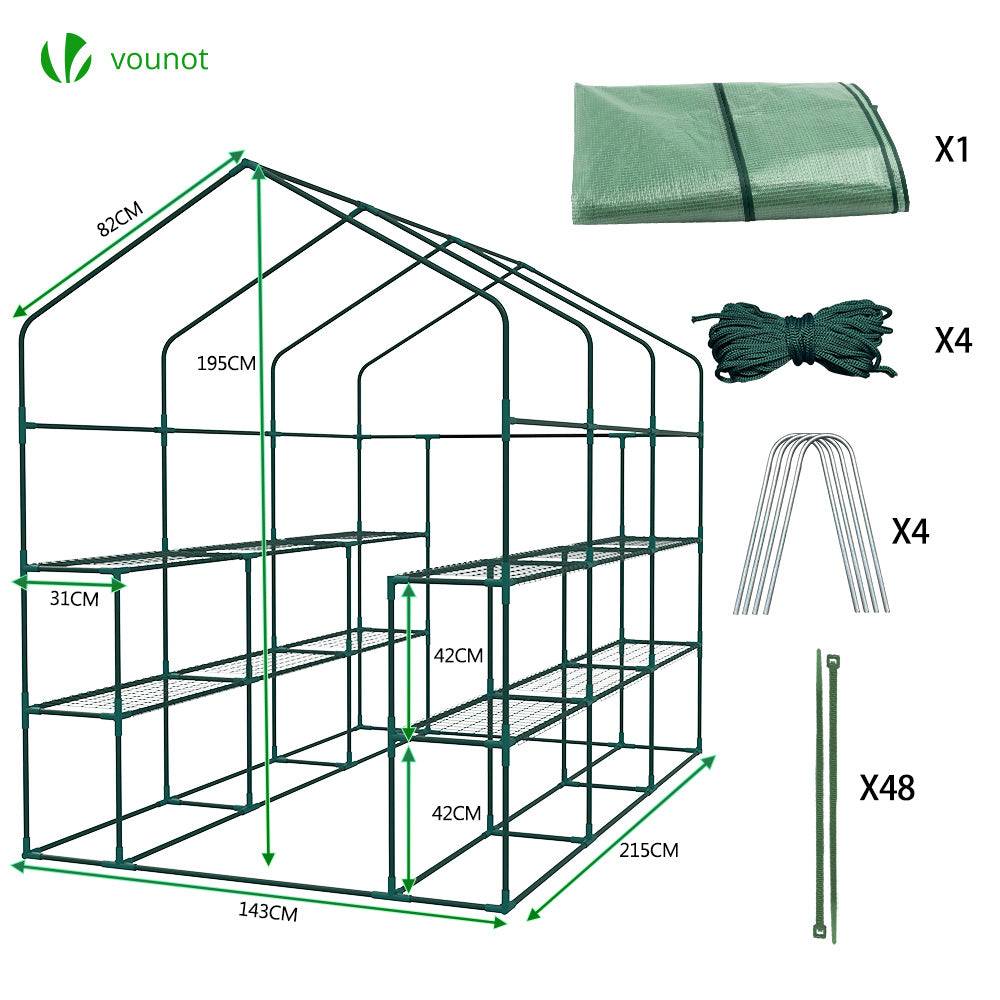 Vounot - Serre de jardin avec étagères 143x215x195cm vert - Bâche PE renforcée 135g/m² - Fenêtre moustiquaire, porte enroulable zippée - Image 6