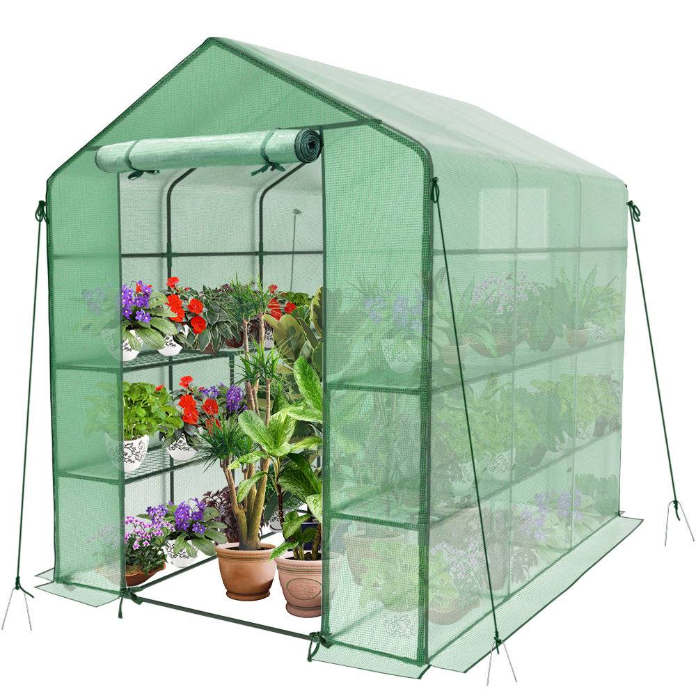 Vounot - Serre de jardin avec étagères 143x215x195cm vert - Bâche PE renforcée 135g/m² - Fenêtre moustiquaire, porte enroulable zippée - Image 1