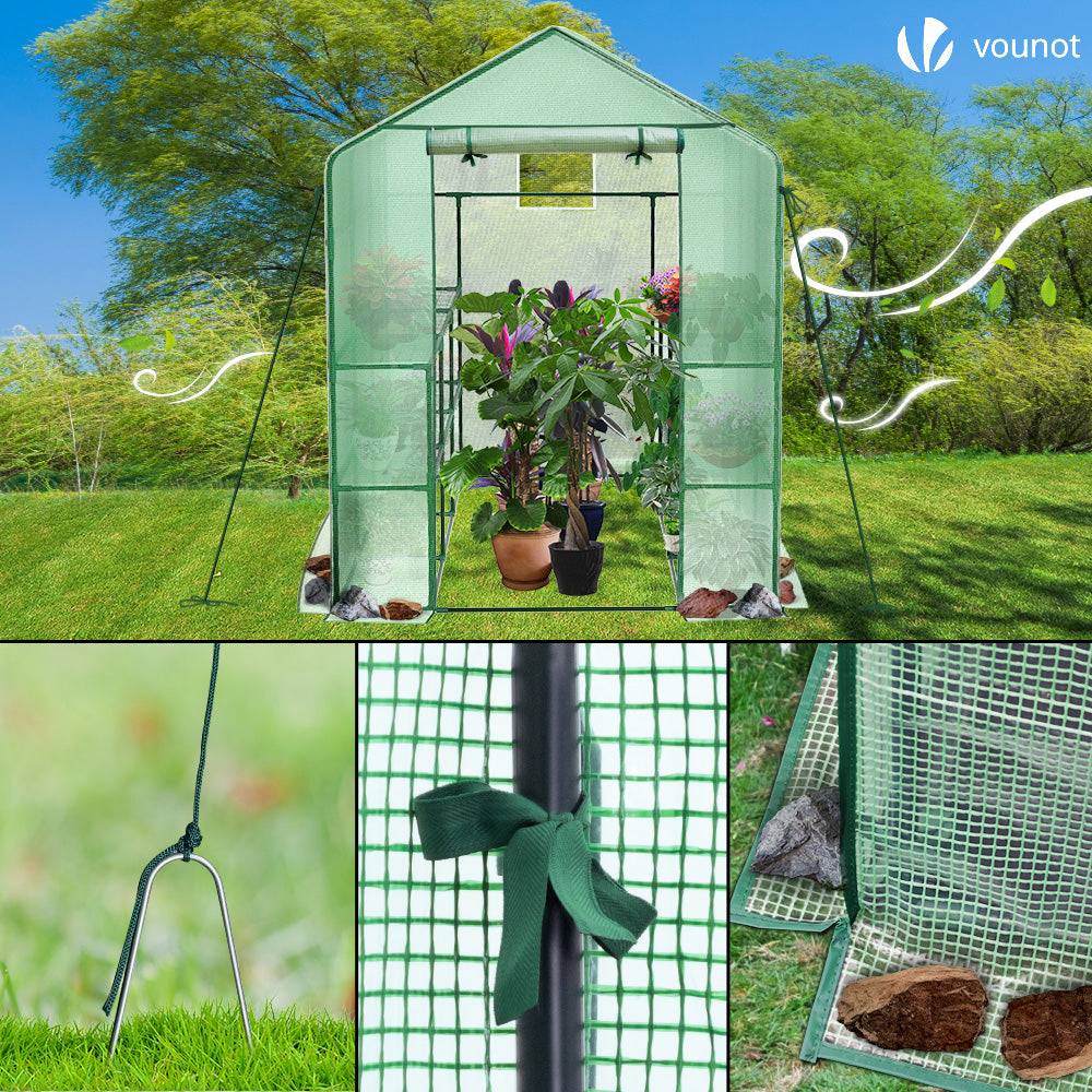 Vounot - Serre de jardin avec étagères 143x215x195cm vert - Bâche PE renforcée 135g/m² - Fenêtre moustiquaire, porte enroulable zippée - Image 7