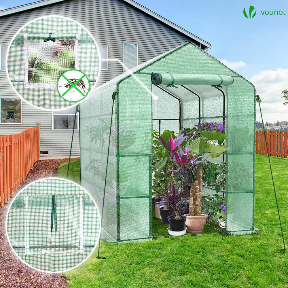 Vounot - Serre de jardin avec étagères 143x215x195cm vert - Bâche PE renforcée 135g/m² - Fenêtre moustiquaire, porte enroulable zippée - Image 2