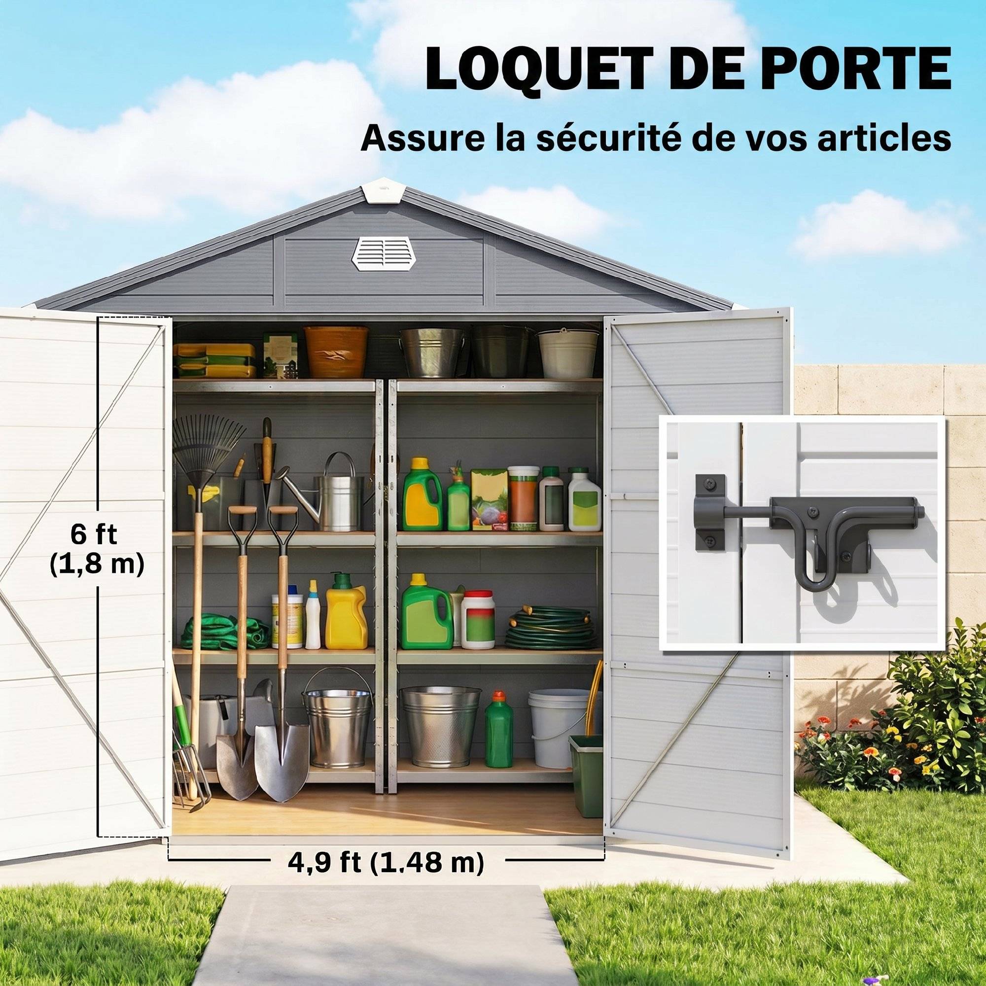 Abri de jardin en résine 4,56 m² avec kit de fondation galvanisé structure en aluminium 240 x 190 x 228 cm gris foncé - Image 9
