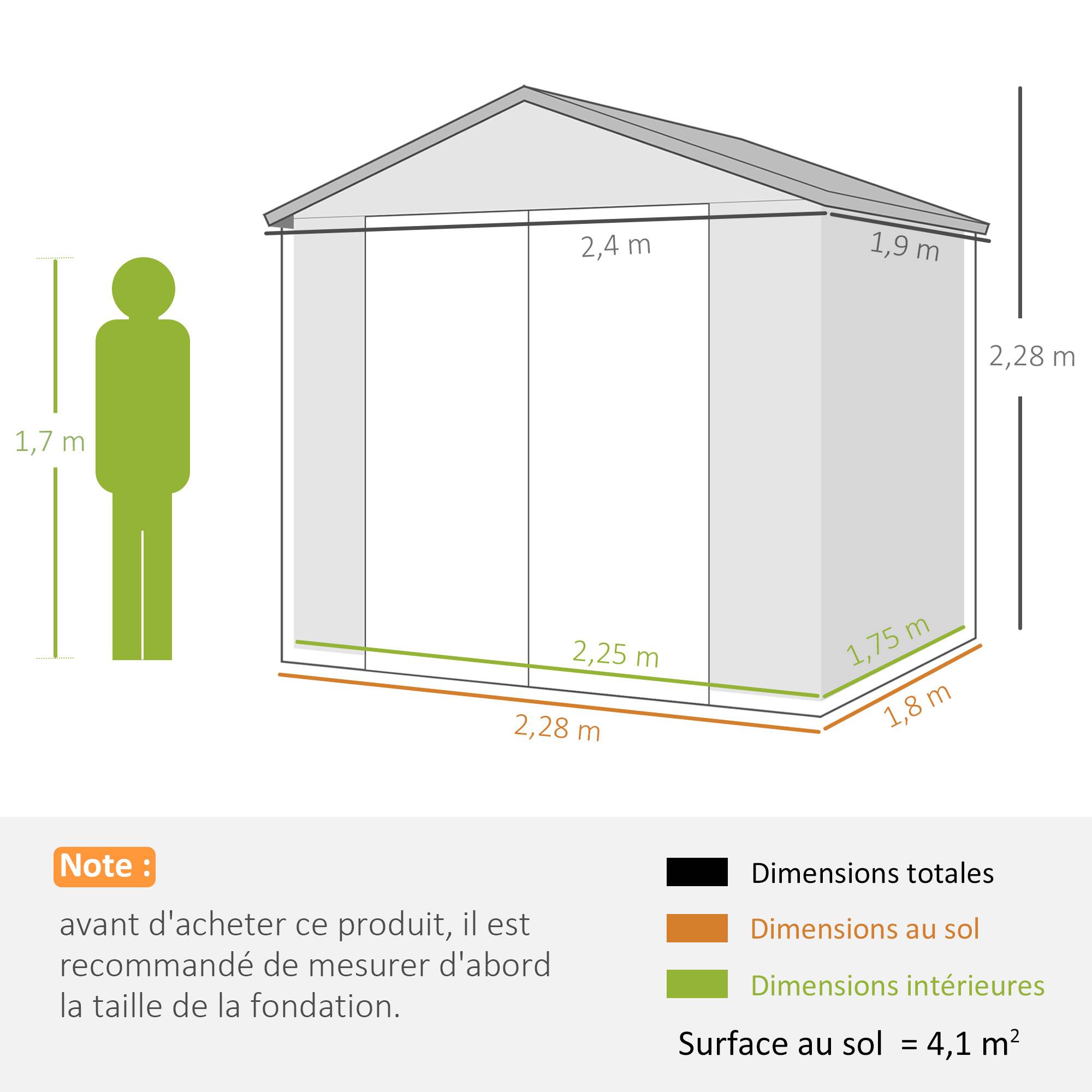 Abri de jardin en résine 4,56 m² avec kit de fondation galvanisé structure en aluminium 240 x 190 x 228 cm gris foncé - Image 5