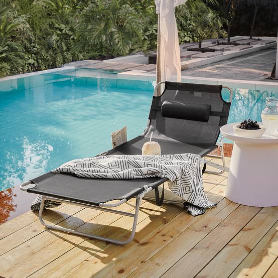 Bain de Soleil Transat de Jardin Chaise Longue Pliable, Réglable et Inclinable Noir L.195 x l.62 x H.29 cm SoBuy - Image 2