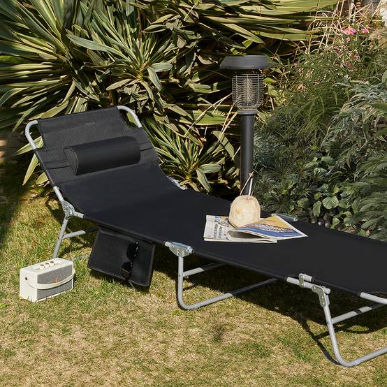 Bain de Soleil Transat de Jardin Chaise Longue Pliable, Réglable et Inclinable Noir L.195 x l.62 x H.29 cm SoBuy - Image 10