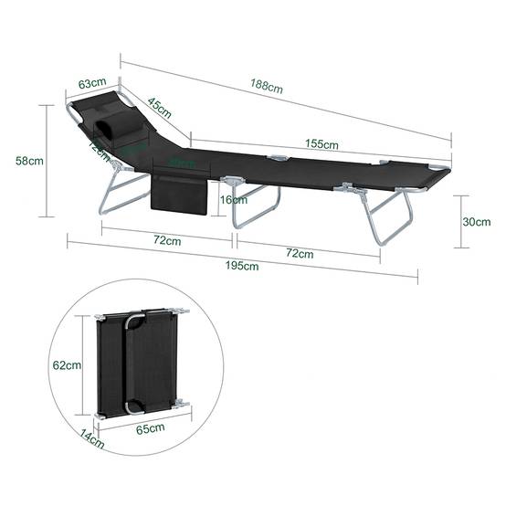 Bain de Soleil Transat de Jardin Chaise Longue Pliable, Réglable et Inclinable Noir L.195 x l.62 x H.29 cm SoBuy - Image 3