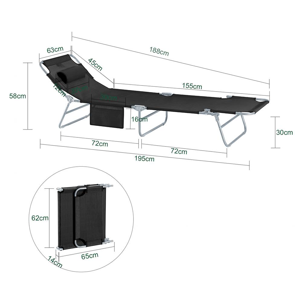 Bain de Soleil Transat de Jardin Chaise Longue Pliable, Réglable et Inclinable Noir L.195 x l.62 x H.29 cm SoBuy - Imagen 3