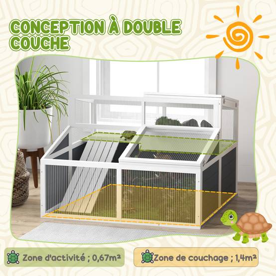 Enclos pour petits animaux et tortues, 2 espaces, toit en polycarbonate, 3 portes, rampe, 115×115×82cm gris - Image 6