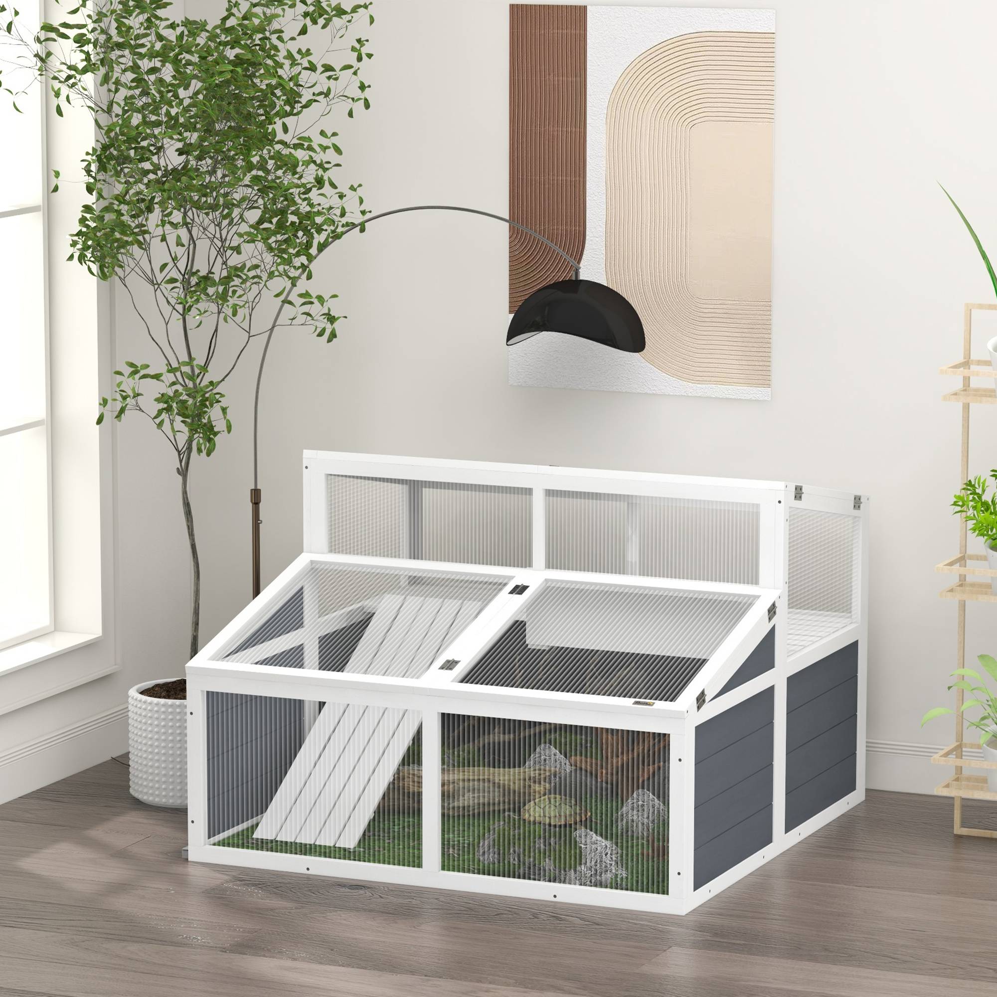 Enclos pour petits animaux et tortues, 2 espaces, toit en polycarbonate, 3 portes, rampe, 115×115×82cm gris - Image 3