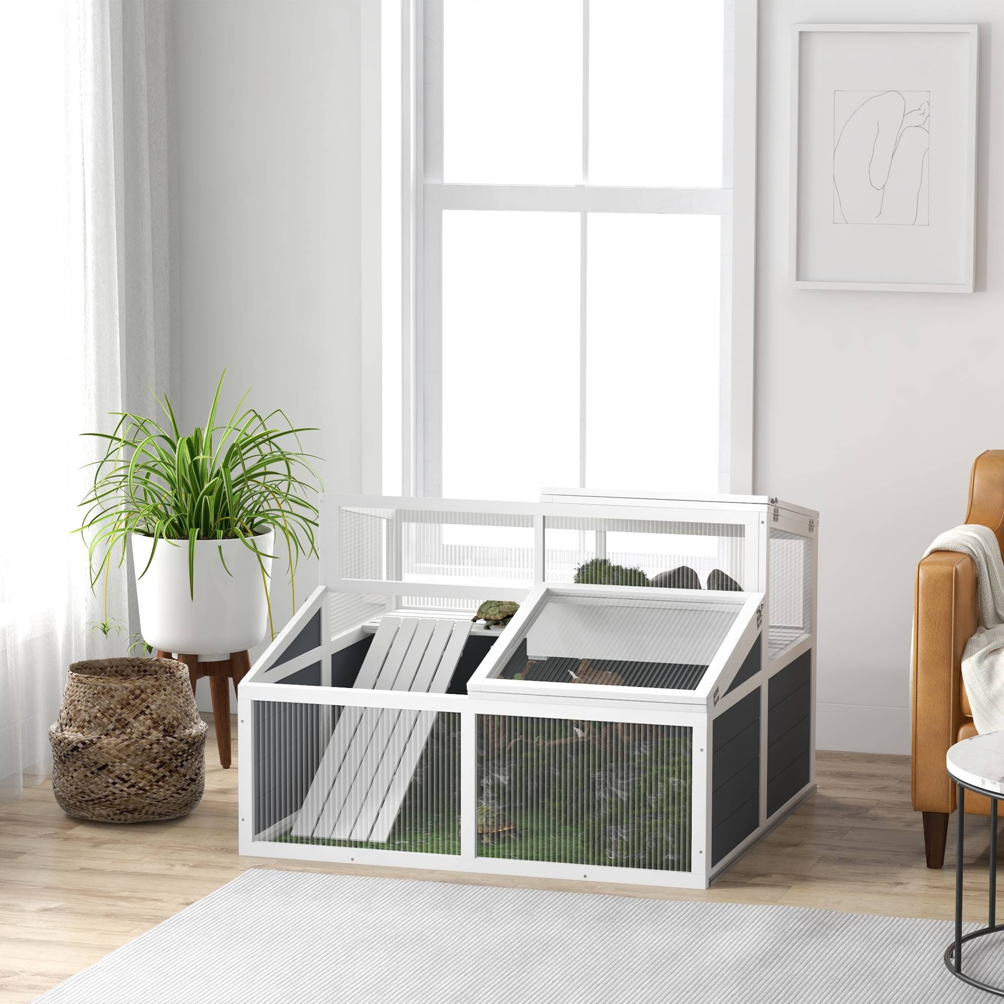 Enclos pour petits animaux et tortues, 2 espaces, toit en polycarbonate, 3 portes, rampe, 115×115×82cm gris - Image 4