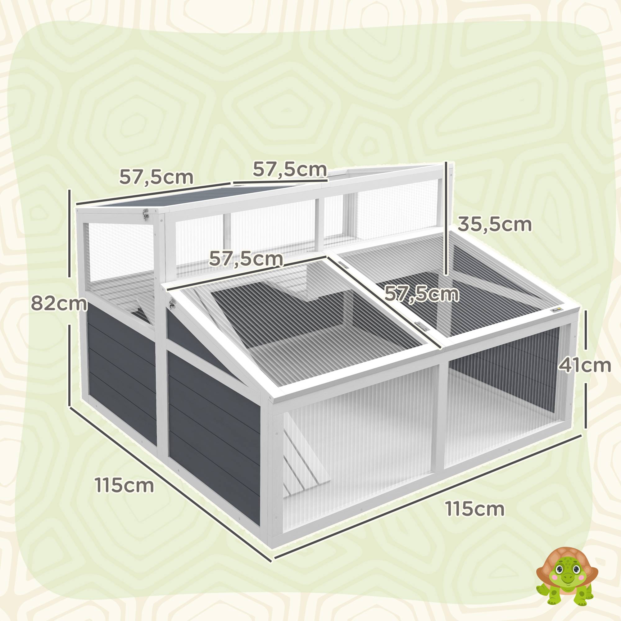 Enclos pour petits animaux et tortues, 2 espaces, toit en polycarbonate, 3 portes, rampe, 115×115×82cm gris - Image 5